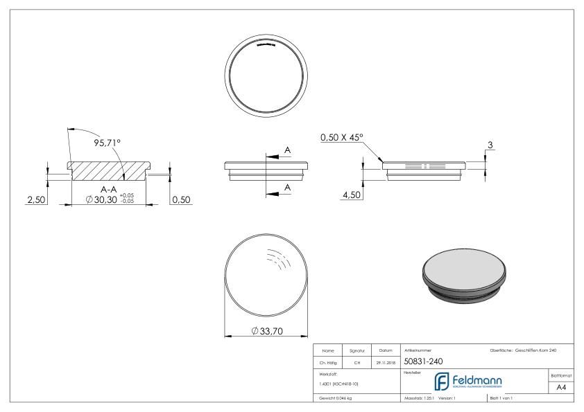 Rohrabschlussstopfen, für Rohr 33,7x2,0mm, V2A