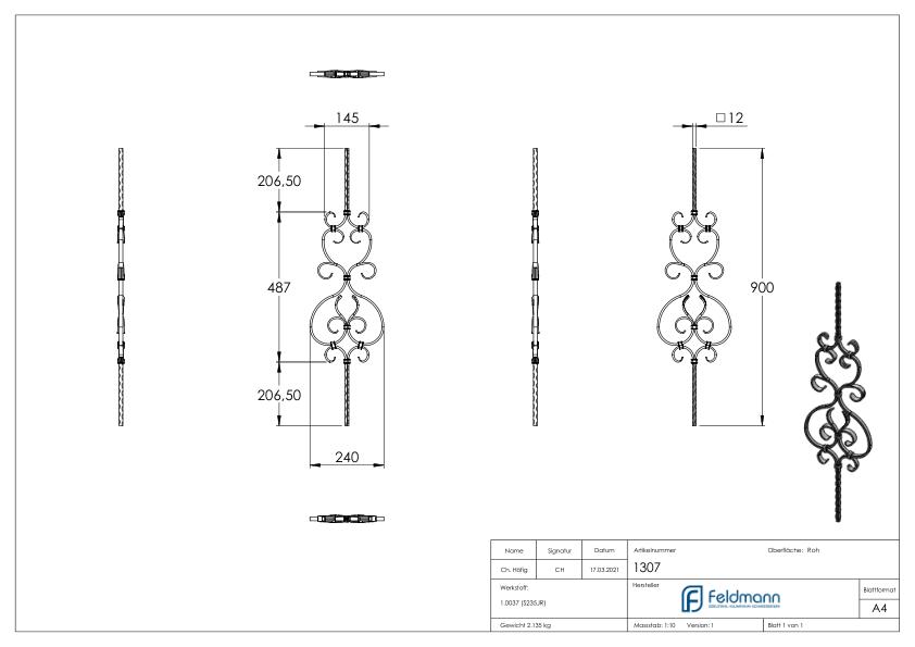 Zierstab 12x12mm, gehämmert, H: 900mm