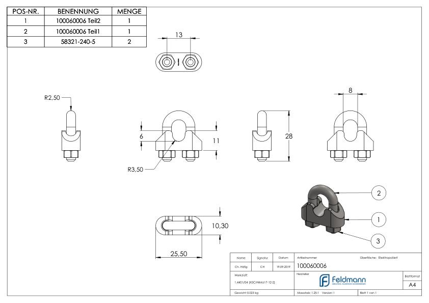 Drahtseilklemmen für Seil 6mm, V4A Drahtseilklemmen für Seil 6mm, V4A