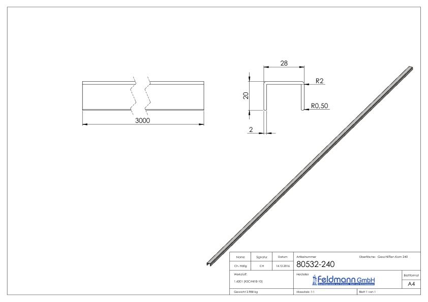 Edelstahl-U-Profil, 28x20x2mm, L: 3000mm, V2A