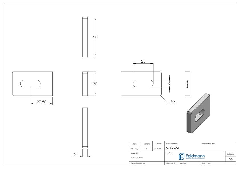 Anschweißlasche eckig 50x30x6mm Anschweißlasche eckig 50x30x6mm