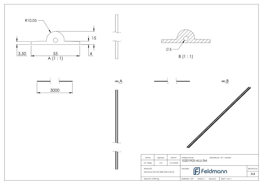 Laufschiene zum Aufschrauben ohne Bohrungen, L: 3m, Aluminium Laufschiene zum Aufschrauben ohne Bohrungen, L: 3m, Aluminium