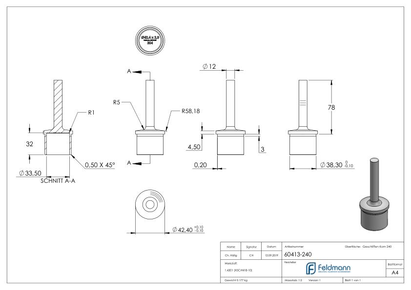 Rohrabschlussstopfen mit Stift Ø 12mm für Rohr 42,4x2,0mm, V2A