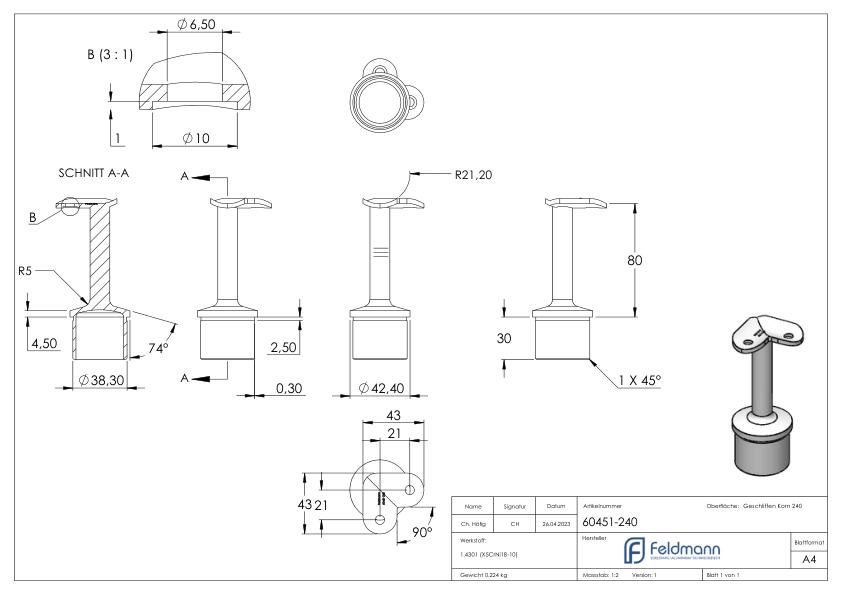 Rohrabschlussstopfen für Rohr 42,4x2,0mm, Handlaufanschlussplatte 90°, V2A