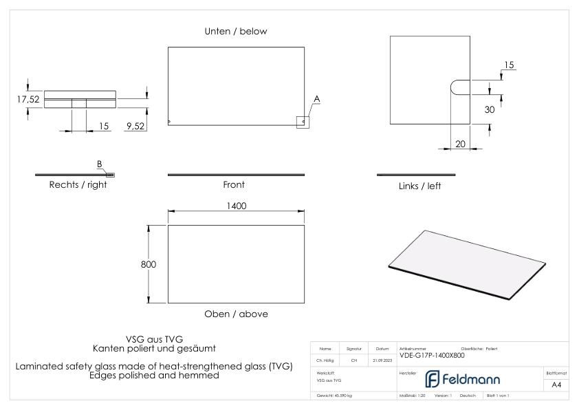 Eleganza canopy Glas: 1400x800mm VSG aus 2x8mm TVG mit 1,52mm PVB