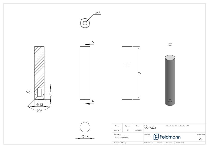 Stift Ø 14mm, L: 75mm, V2A