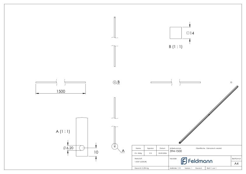 Tortreibriegelstange 14x14mm, L=1,5m, verzinkt