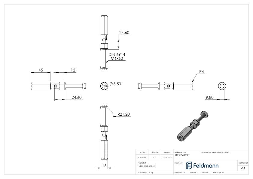 Gewindeterminal zur Selbstmontage, Seil 5mm, V2A