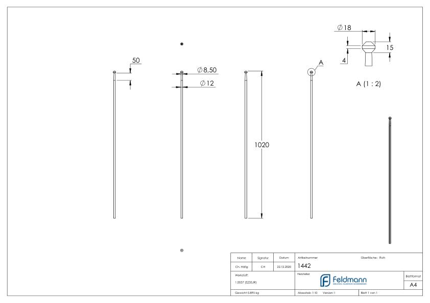 Zaunstab Ø 12mm, H: 1020mm, konisch, Knopf eckig