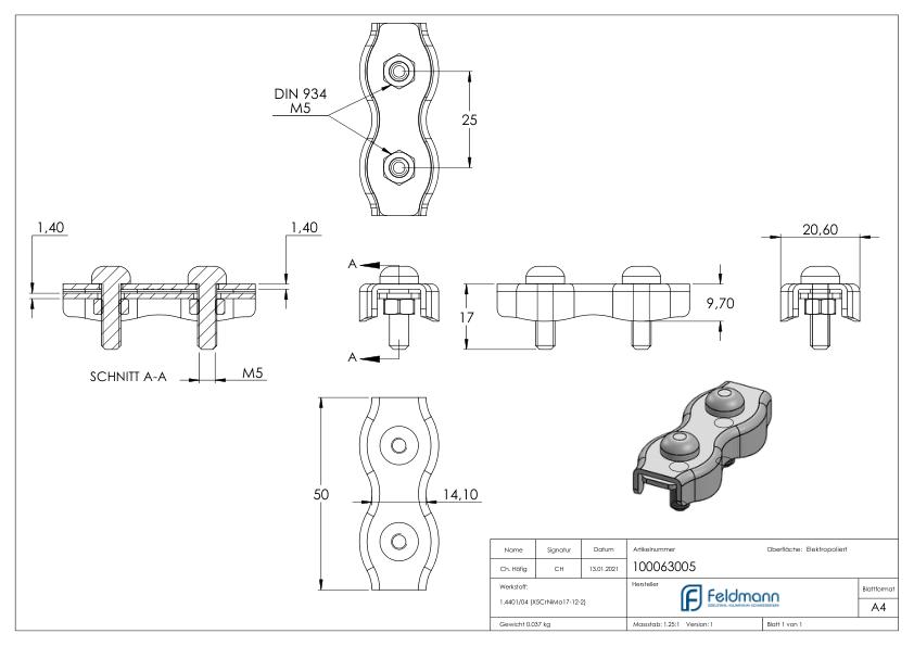 Duplexklemmen für Seil 5mm, V4A Duplexklemmen für Seil 5mm, V4A