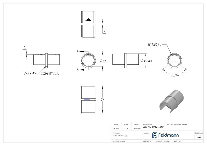 Rohrverbinder für LED-Nutrohr 42,4mm, V2A