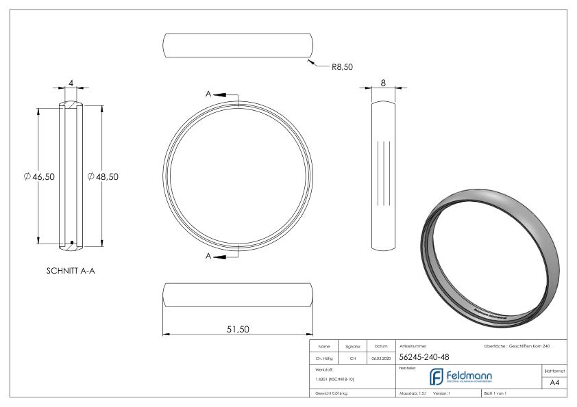 Ring für Rohr 48,3mm, V2A Ring für Rohr 48,3mm, V2A
