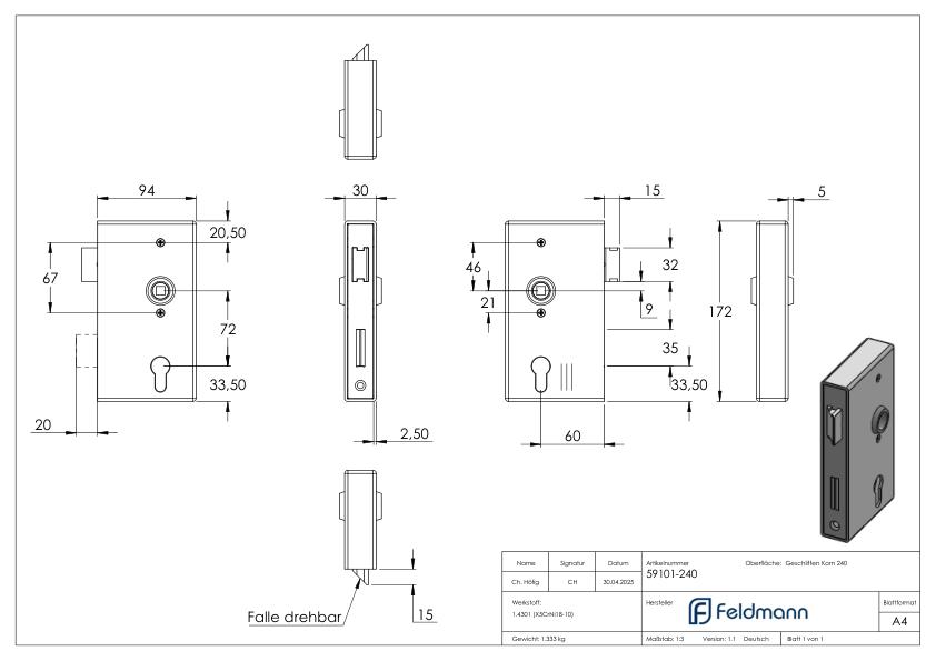 Edelstahlschlosskasten mit verzinktem Schloss, Abmessung: 30x94,5x173mm Edelstahlschlosskasten mit verzinktem Schloss, Abmessung: 30x94,5x173mm