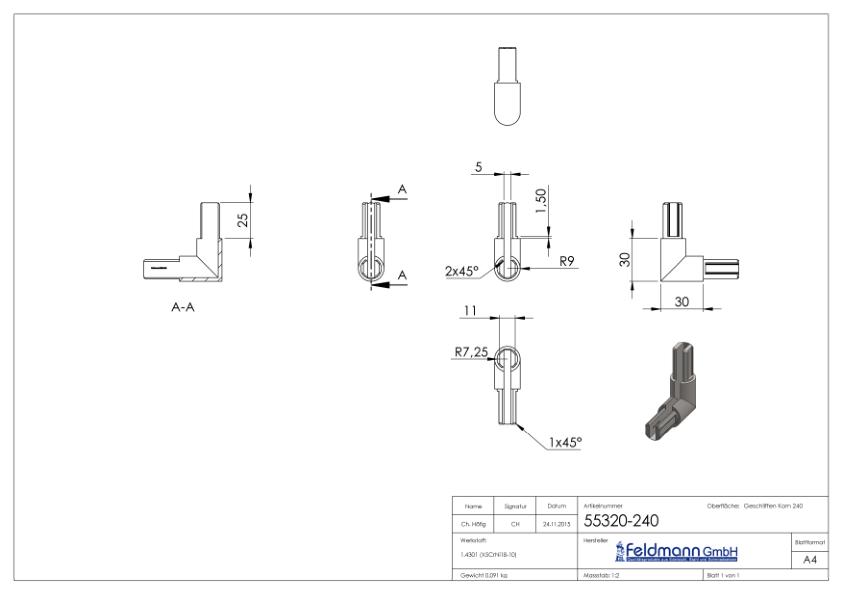 Eckverbinder für rundes Klemmprofil 18x1,25 mm, V2A