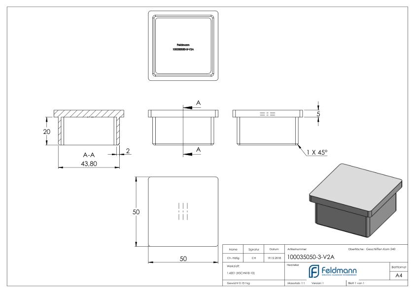 Einsteckkappe für Quadratrohr 50x50x3,0mm, V2A