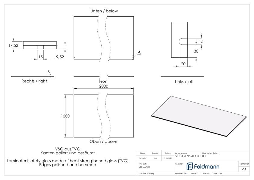 Eleganza canopy Glas: 2200x1100mm VSG aus 2x10mm TVG mit 1,52mm PVB parsol-grau