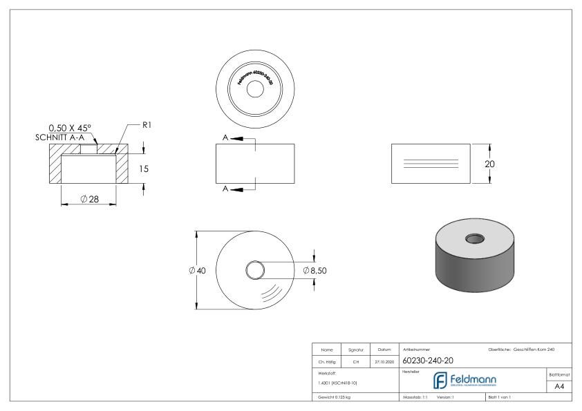 Unterteil Ø 40mm, mit Durchgangsbohrung , t: 20mm, V2A Unterteil Ø 40mm, mit Durchgangsbohrung , t: 20mm, V2A