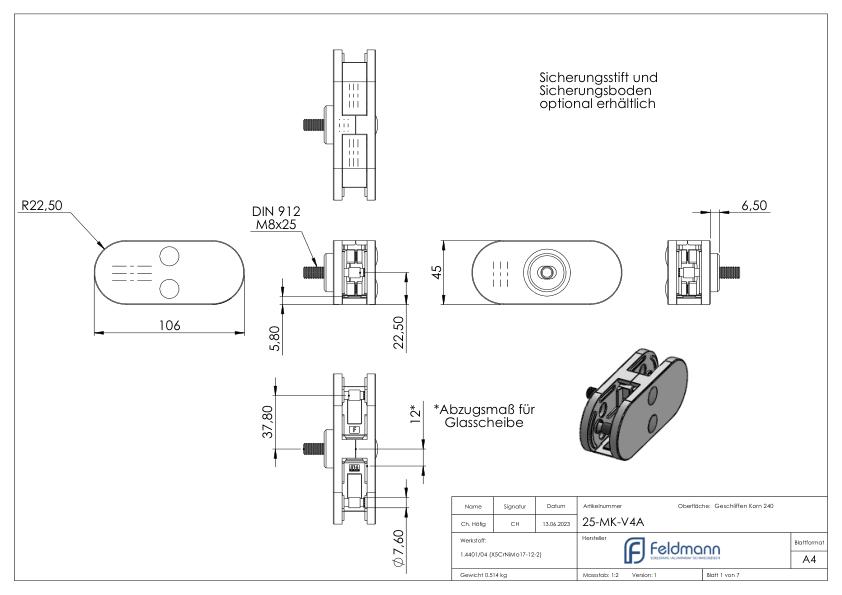 Sichtschutz Mittelglasklemme Mod. 25, V4A Sichtschutz Mittelglasklemme Mod. 25, V4A