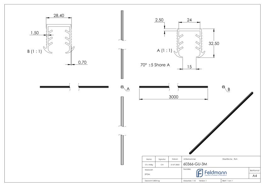 Keildichtung Glas 16,76 – 17,52mm, für Nut 27x30mm, 3m