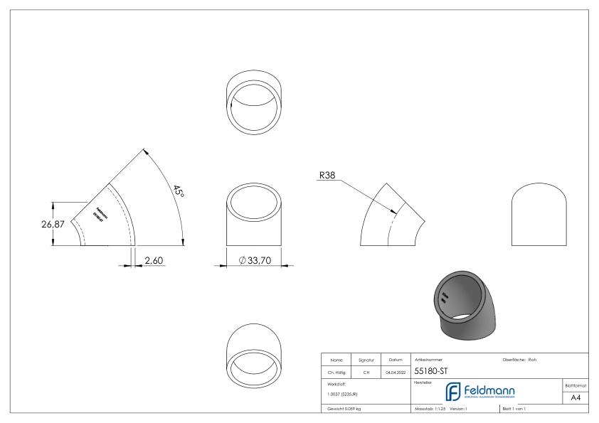 Schweißbogen 45°, 33,7x2,6mm