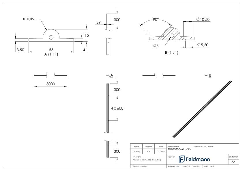 Laufschiene zum Aufschrauben, L: 3m, Aluminium