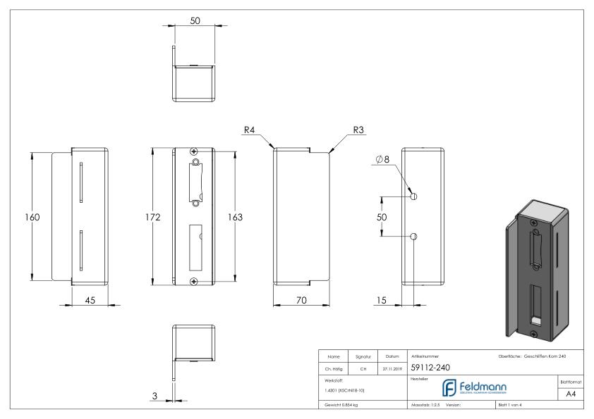 Edelstahlgegenkasten eckig, für Abstand 72mm, 50mm, V2A Edelstahlgegenkasten eckig, für Abstand 72mm, 50mm, V2A