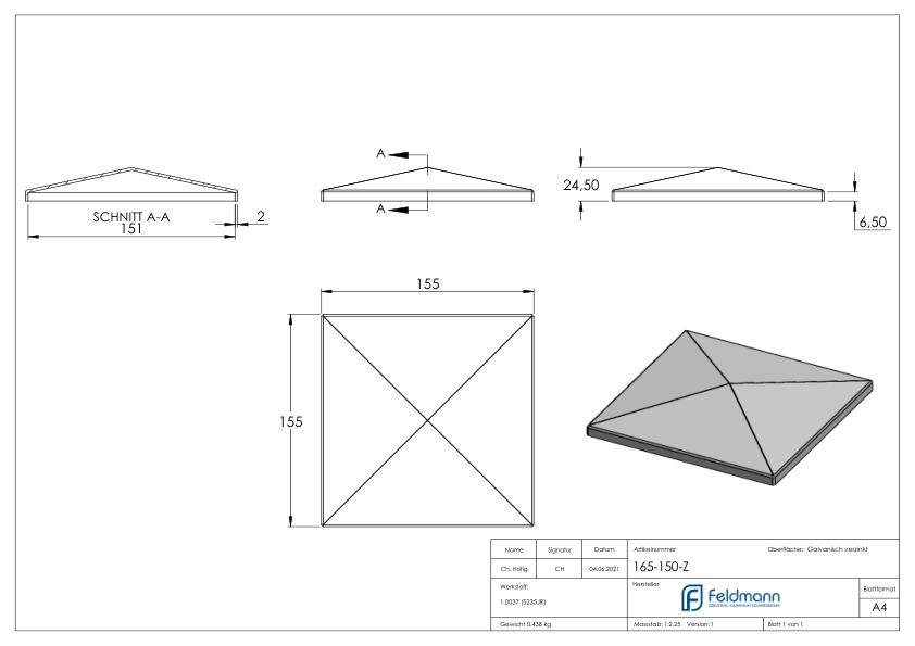 Pfeilerbedecker für Rohr 150x150mm, verzinkt