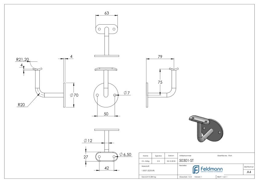 Handlaufträger mit Ronde flach, 70x4mm Handlaufträger mit Ronde flach, 70x4mm