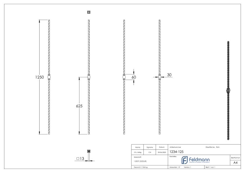 Knubbelstab 13x13mm, gehämmert, H: 1250mm