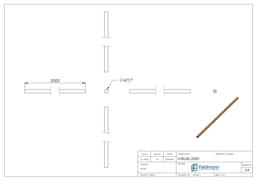 Holzhandlauf Buche, Ø42mm, L: 2000mm Holzhandlauf Buche, Ø42mm, L: 2000mm