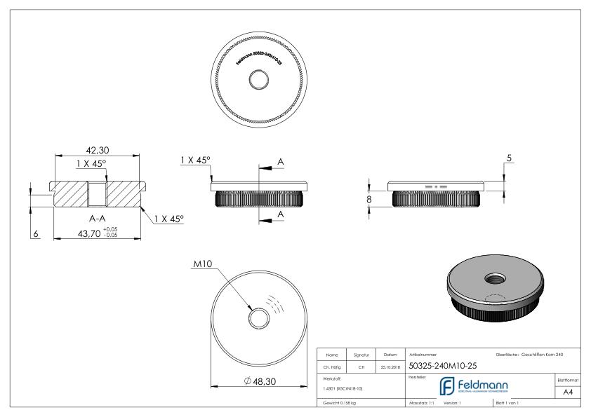 Rohrabschlussstopfen, für Rohr 48,3x2,5mm, V2A