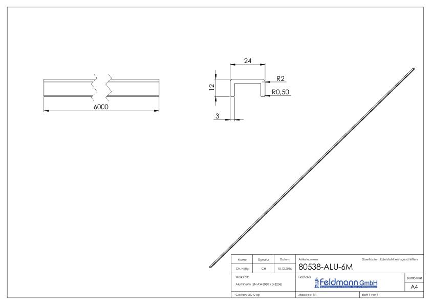 Aluminium-U-Profil, 24x12x3mm, L: 6000mm