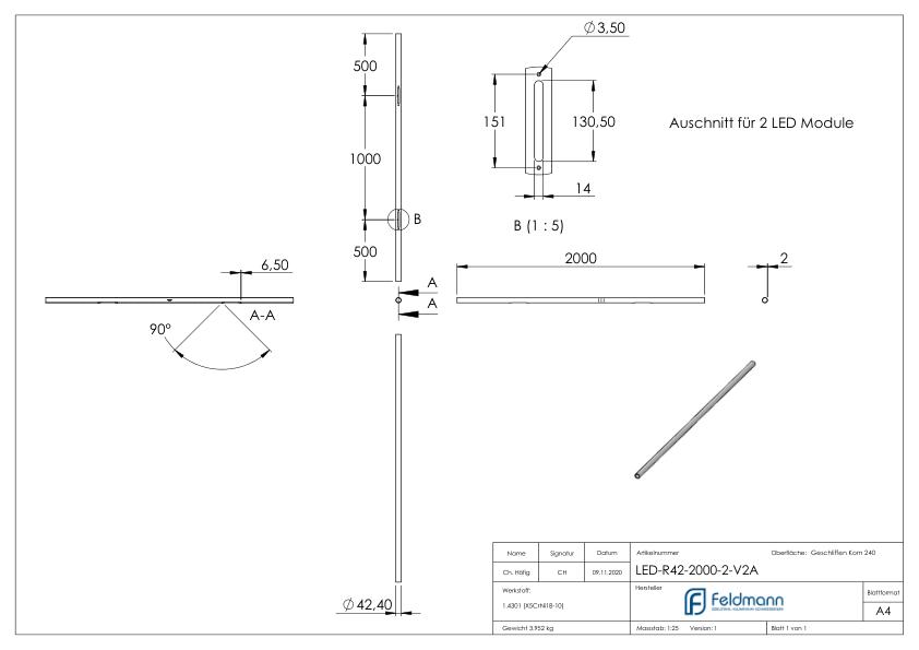 Edelstahlrohr 42,4x2,0mm für LED Module, V2A