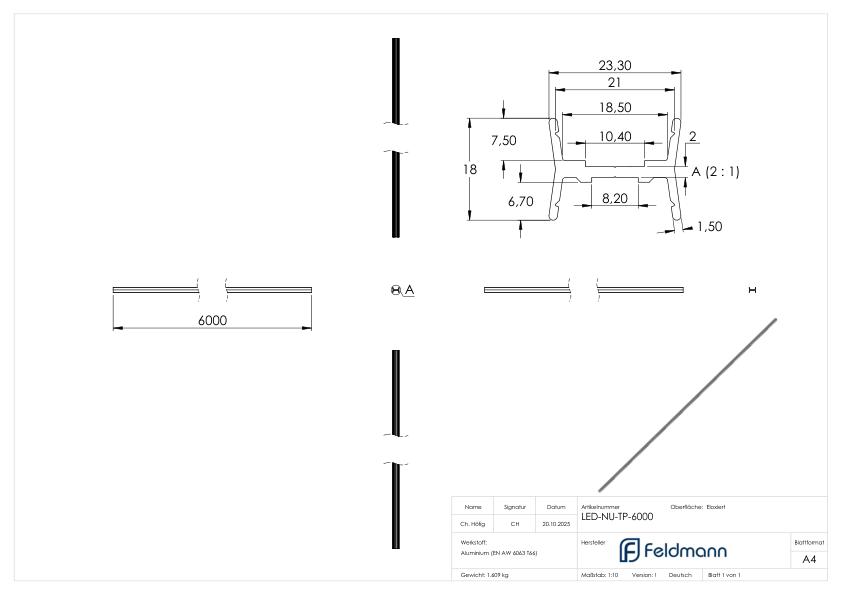 LED-Nutrohr LUNORA®, Aluminium Trägerprofil zum Wenden, für Rund-Nutrohr 42,4mm,  L: 6000mm