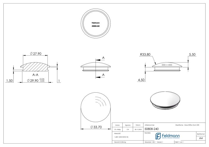 Rohrabschlussstopfen, für Rohr 33,7x2,0mm, V2A