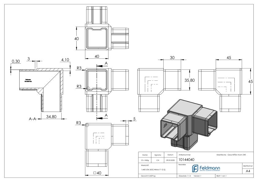Eckstück 90° mit 3 Abgängen, für Rohr 40x40x2,0mm, V4A