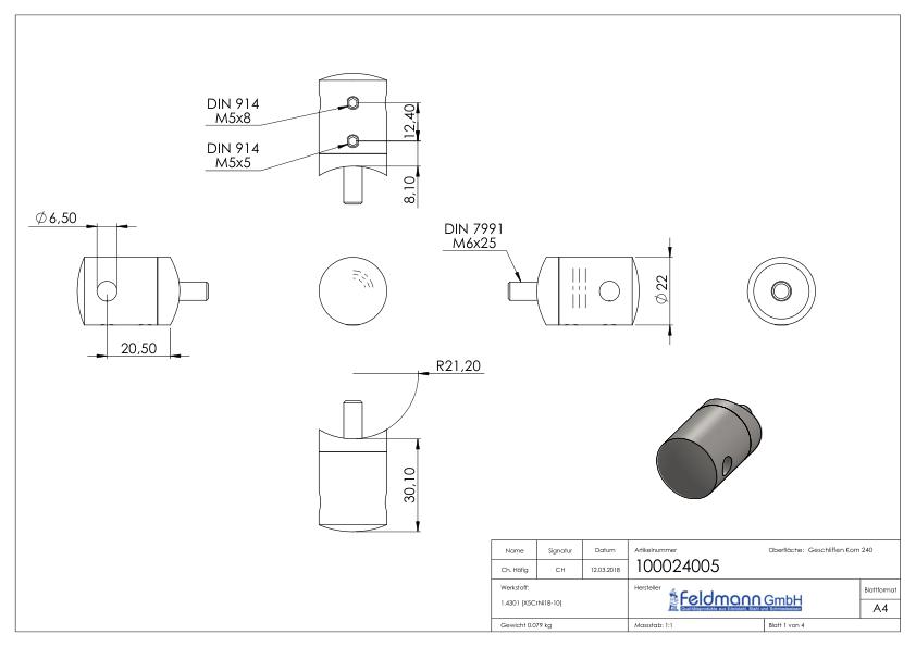 Seilhalter, für 5mm Seil, Anschluss: 42,4mm, V2A
