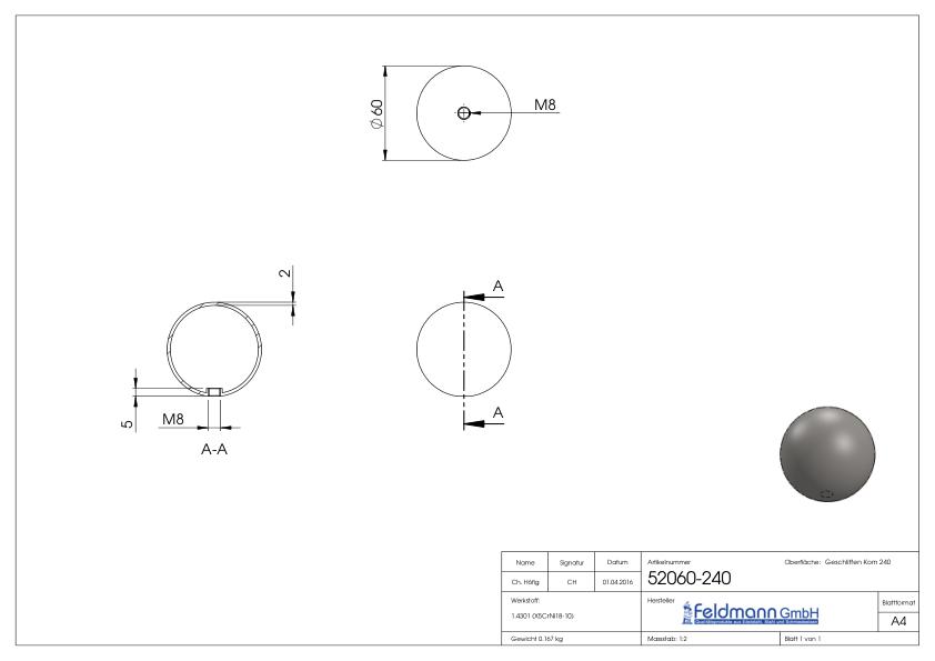 Hohlkugel Ø 60mm mit Gewinde M8, V2A