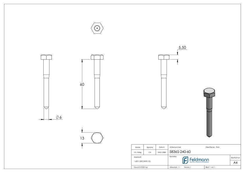 Sechskant-Holzschraube 8x60, DIN 571, V2A