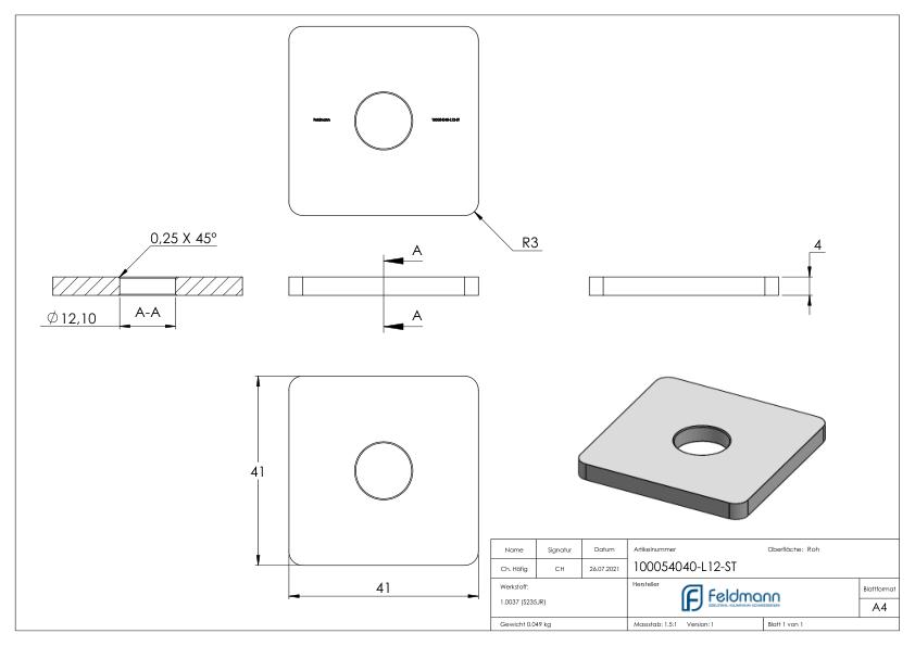 Flachkappe 40 x 40 x 4,0mm mit Bohrung 12,1mm, Stahl roh