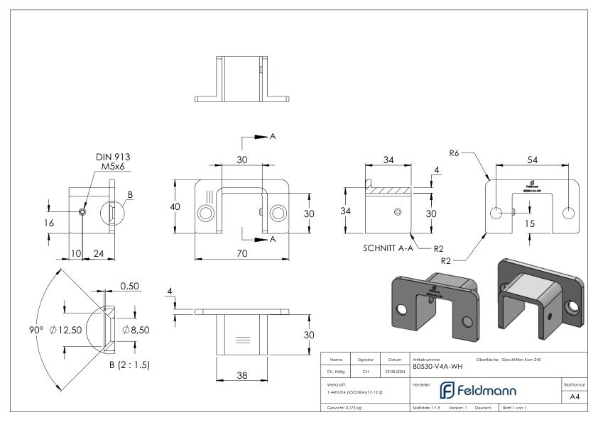 Wandhalterung für Edelstahl-U-Profil 80530-XXX, V4A