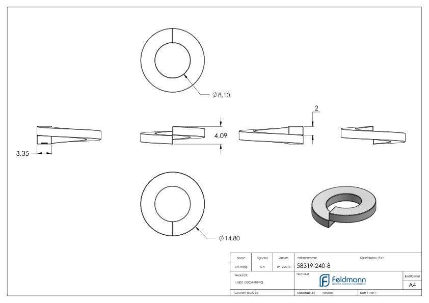 Federring für M8 Schrauben, glatt, DIN 127, V2A