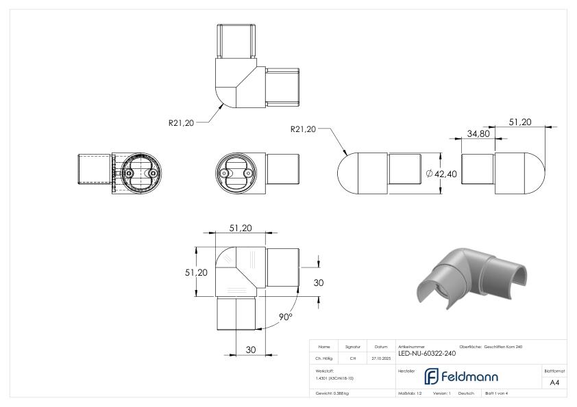 Eckverbinder für LED-Nutrohr 42,4mm,V2A