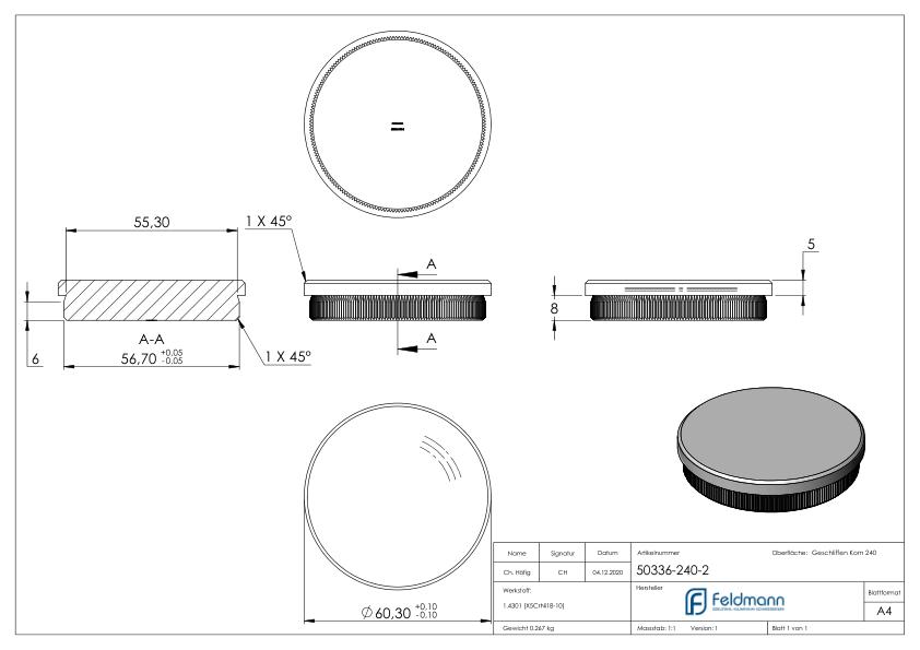 Rohrabschlussstopfen, für Rohr 60,3x2,0mm, V2A