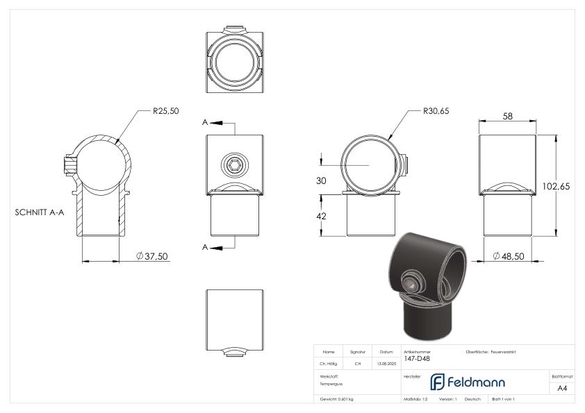 T-Stück, für Rohr Ø 48,3mm