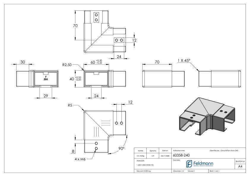 Eckbogen horizontal für Nutrohr 60x40mm, V2A
