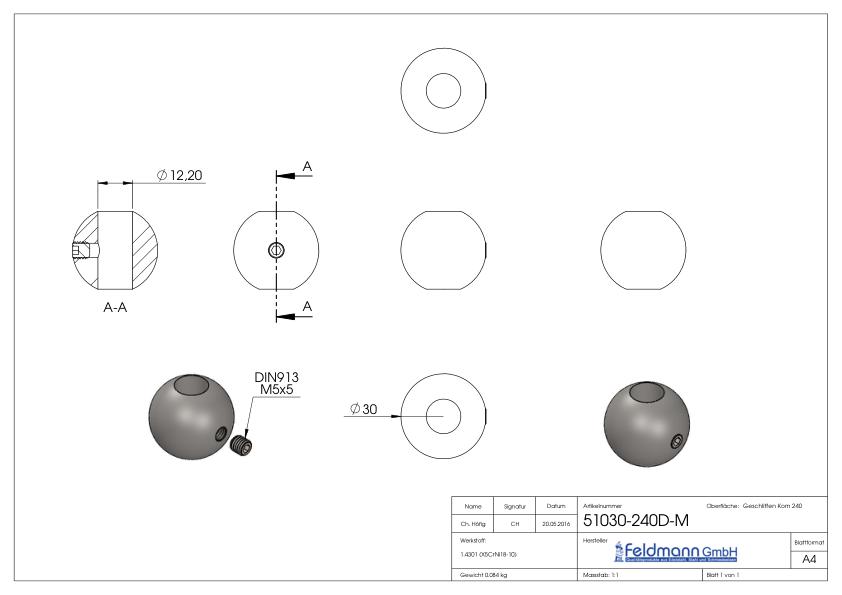 Vollkugel Ø 30mm mit DB 12,2mm und Madenschr., V2A