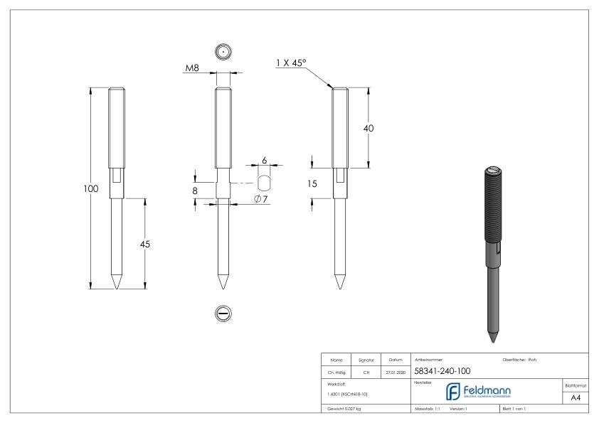 Stockschraube M8x100mm, V2A
