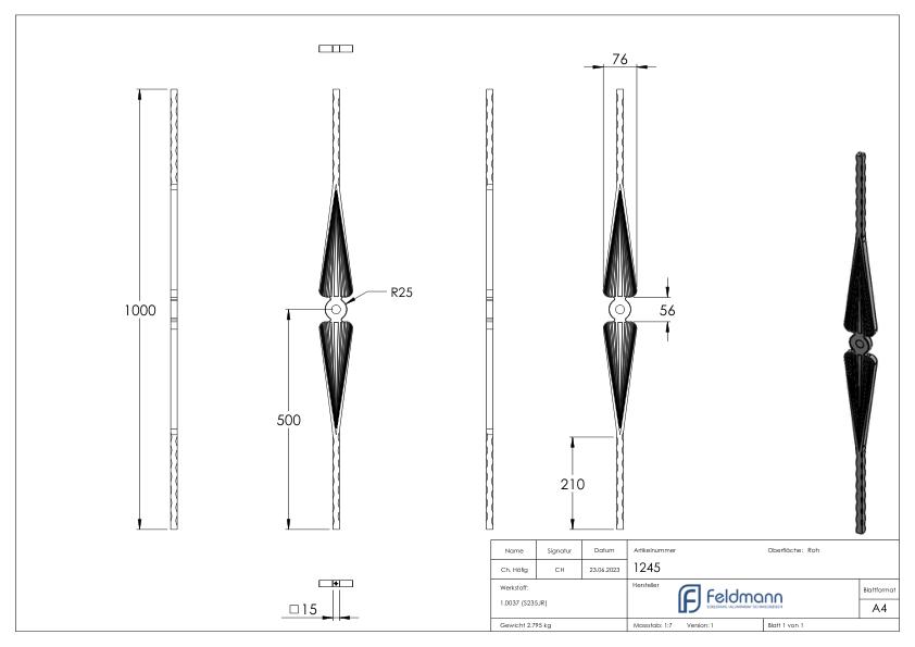 Zierstab 15x15mm, gehämmert, H: 1000mm