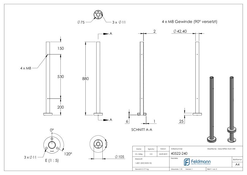 Edelstahlpfosten V2A zur Bodenmontage, H: 880mm